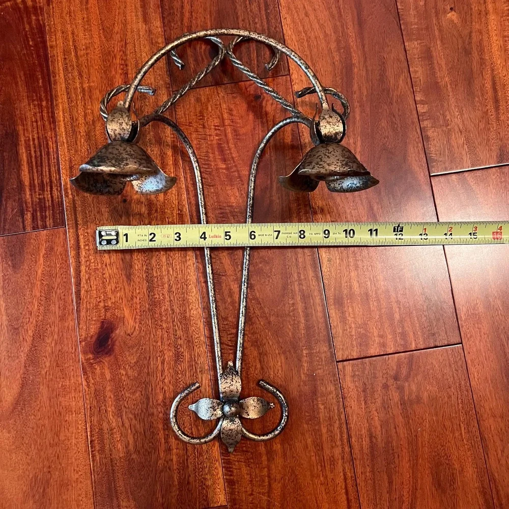Metal Double Taper Candle Holder Wall Sconce Rustic Floral Scroll Wall Decor